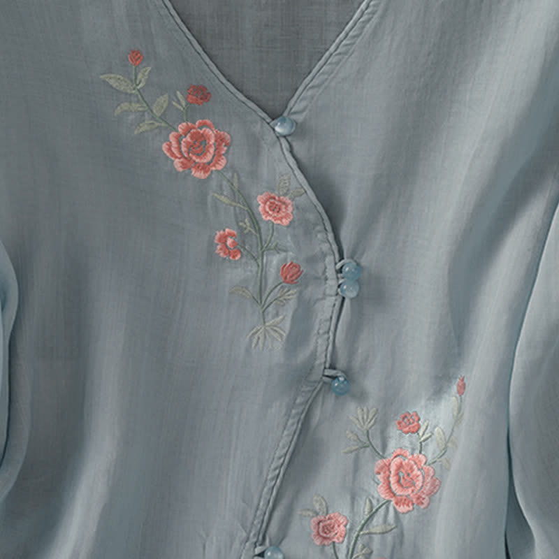 Nimara Ritual Summer Tang Style Vintage Embroidery Floral Women's Elbow-Length Sleeve Shirts