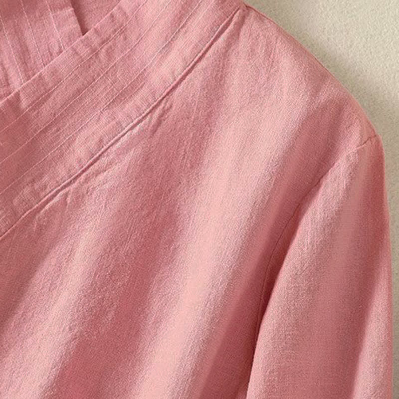 Nimara Ritual Spring Summer Casual Tang Style V-Neck Drawstring Solid Women's Long Sleeve Shirts