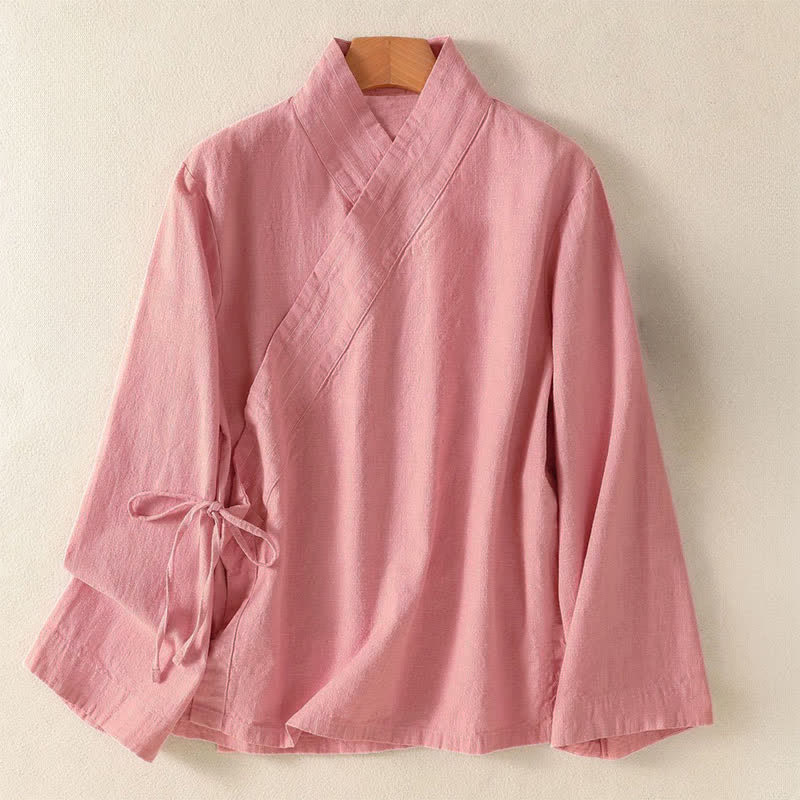 Nimara Ritual Spring Summer Casual Tang Style V-Neck Drawstring Solid Women's Long Sleeve Shirts