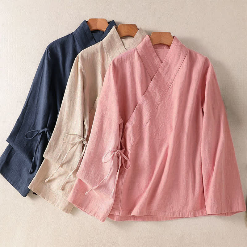 Nimara Ritual Spring Summer Casual Tang Style V-Neck Drawstring Solid Women's Long Sleeve Shirts