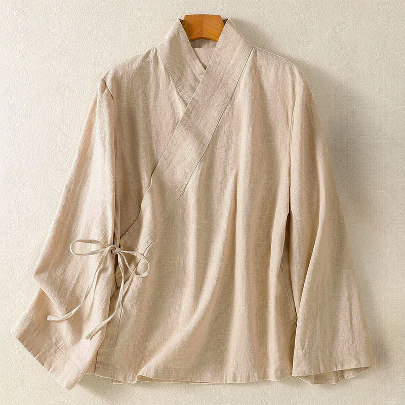 Nimara Ritual Spring Summer Casual Tang Style V-Neck Drawstring Solid Women's Long Sleeve Shirts
