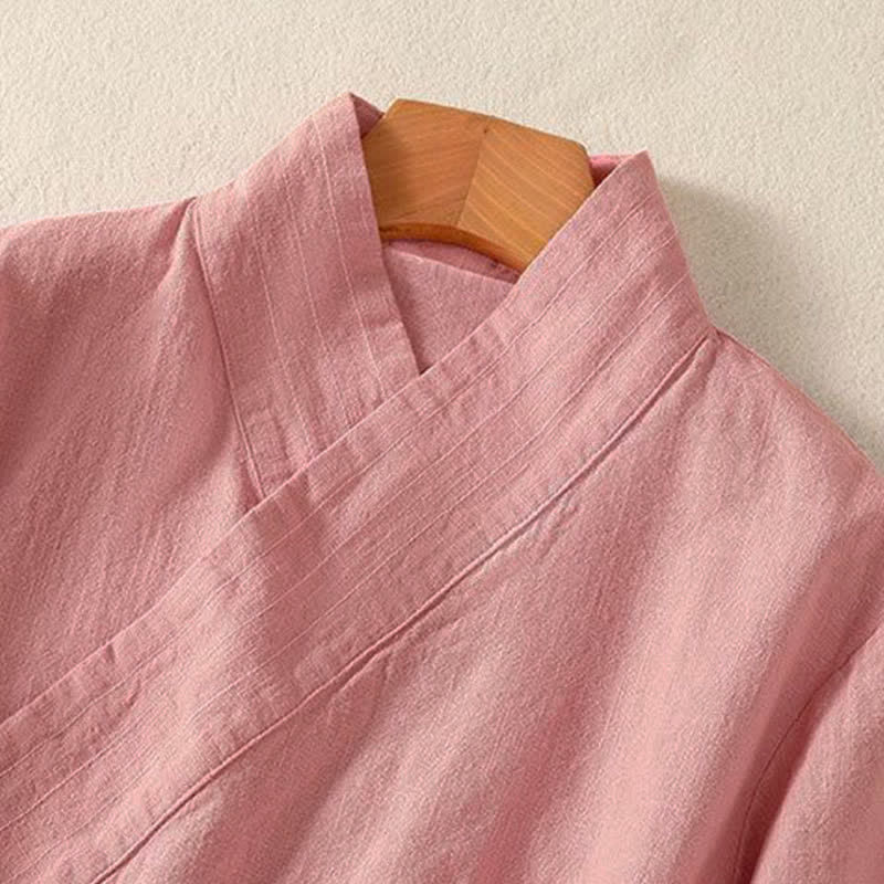 Nimara Ritual Spring Summer Casual Tang Style V-Neck Drawstring Solid Women's Long Sleeve Shirts