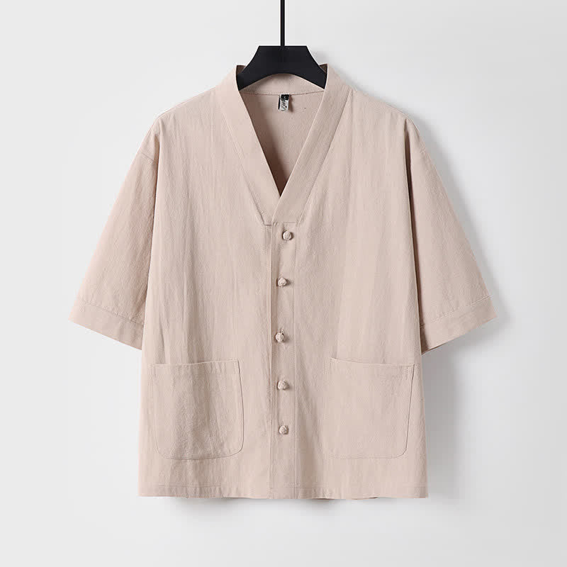 Nimara Ritual 2Pcs Summer Tang Style Mandarin Collar Drawstring Solid Short Sleeve Shirt Pants Men's Meditation Cloth With Pockets