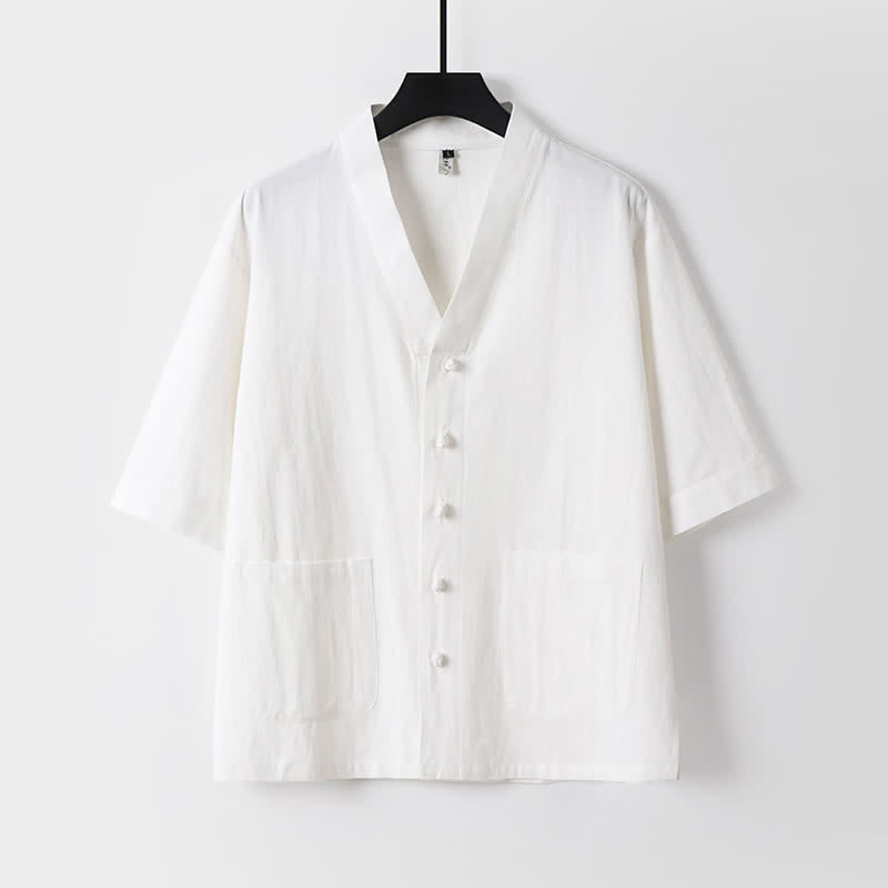 Nimara Ritual 2Pcs Summer Tang Style Mandarin Collar Drawstring Solid Short Sleeve Shirt Pants Men's Meditation Cloth With Pockets