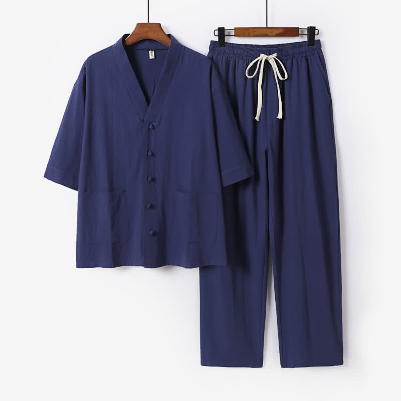 Nimara Ritual 2Pcs Summer Tang Style Mandarin Collar Drawstring Solid Short Sleeve Shirt Pants Men's Meditation Cloth With Pockets