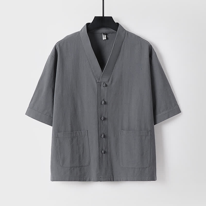 Nimara Ritual 2Pcs Summer Tang Style Mandarin Collar Drawstring Solid Short Sleeve Shirt Pants Men's Meditation Cloth With Pockets