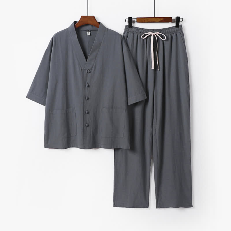Nimara Ritual 2Pcs Summer Tang Style Mandarin Collar Drawstring Solid Short Sleeve Shirt Pants Men's Meditation Cloth With Pockets