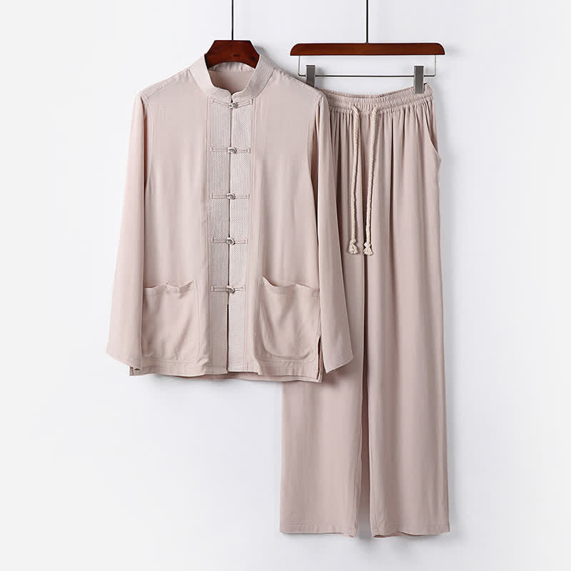 Nimara Ritual 2Pcs Spring Tang Style Mandarin Collar Frog Button Solid Long Sleeve Shirt Pants Men's Meditation Cloth With Pockets
