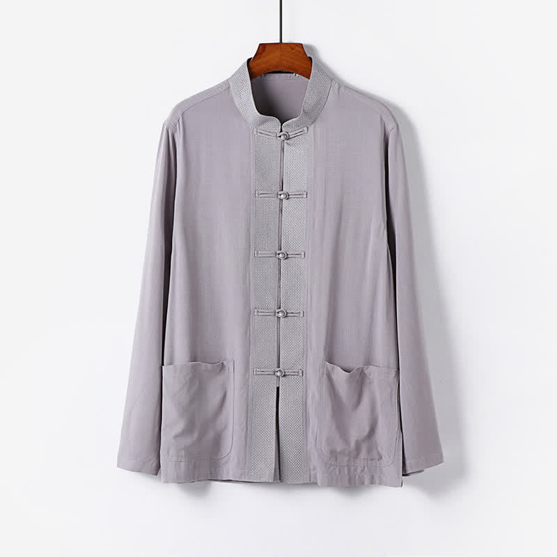 Nimara Ritual 2Pcs Spring Tang Style Mandarin Collar Frog Button Solid Long Sleeve Shirt Pants Men's Meditation Cloth With Pockets
