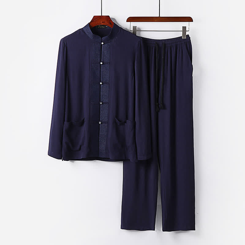 Nimara Ritual 2Pcs Spring Tang Style Mandarin Collar Frog Button Solid Long Sleeve Shirt Pants Men's Meditation Cloth With Pockets