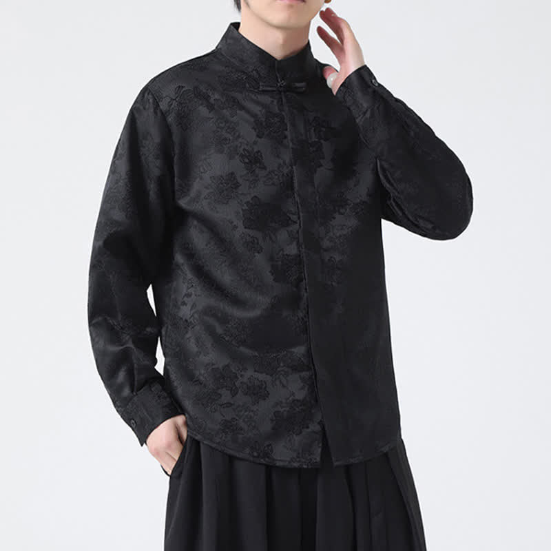 Nimara Ritual Fall Elegant Tang Style Mandarin Collar Floral Men's Long Sleeve Shirts