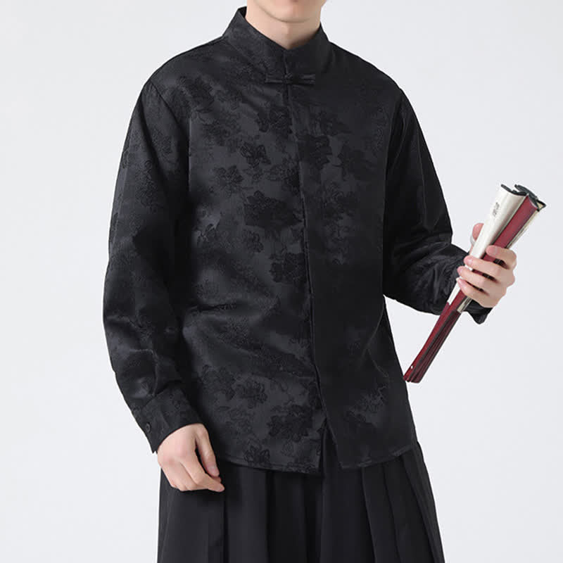 Nimara Ritual Fall Elegant Tang Style Mandarin Collar Floral Men's Long Sleeve Shirts
