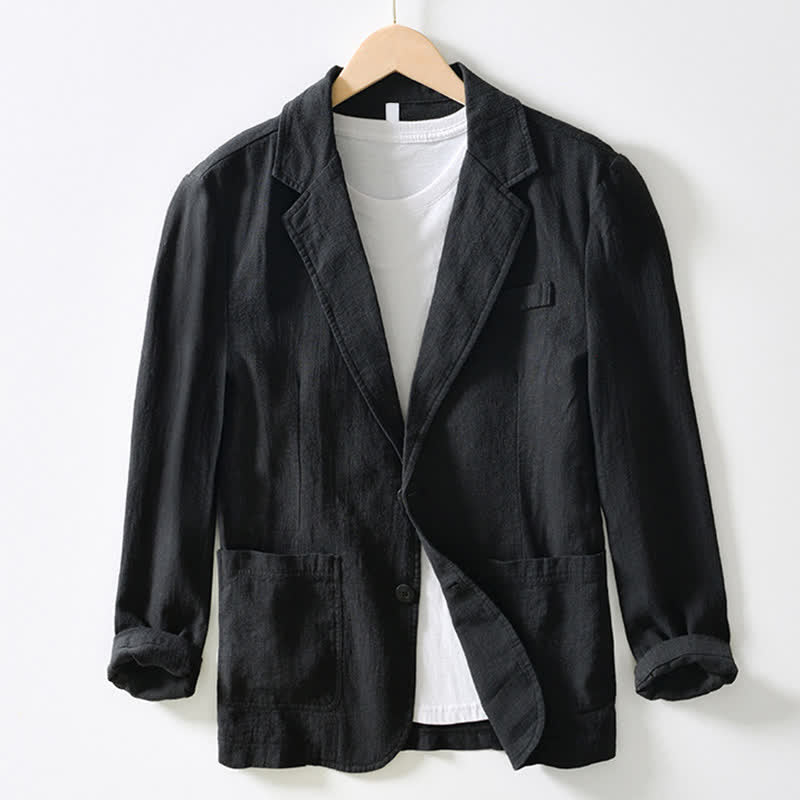 Nimara Ritual Spring Fall Casual Minimalist Ramie Cotton Lapel Solid Men's Jacket With Pockets