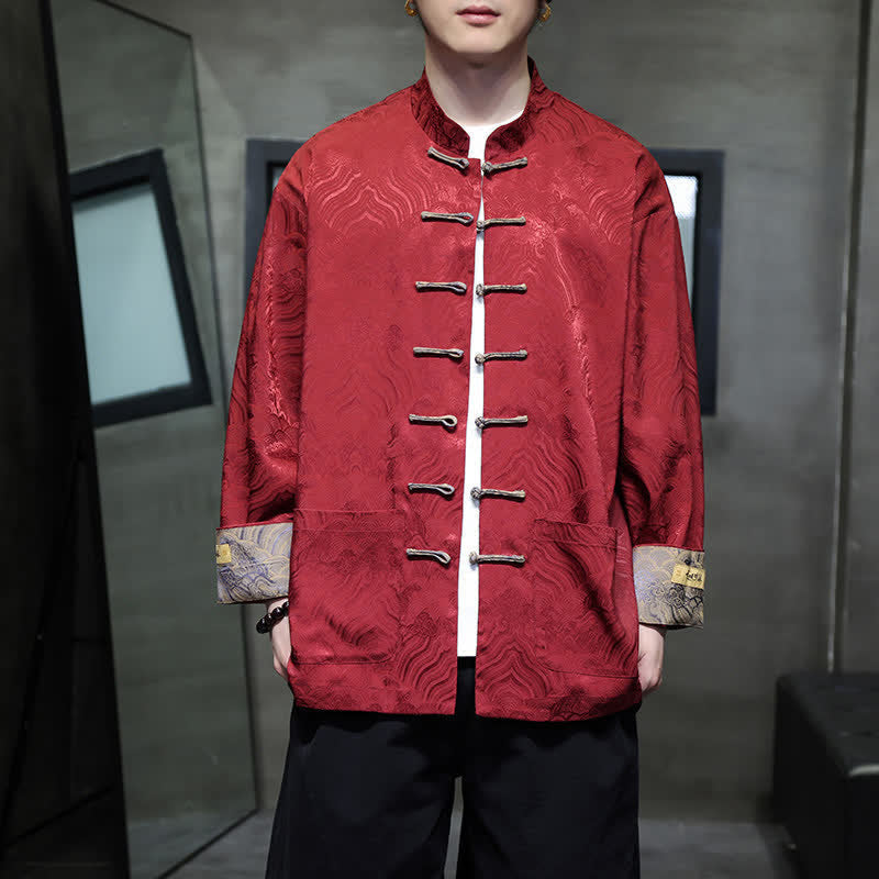 Nimara Ritual Fall Winter Tang Style Elegant Mandarin Collar Abstract Wave Pattern Frog Button Men's Jacket With Pockets
