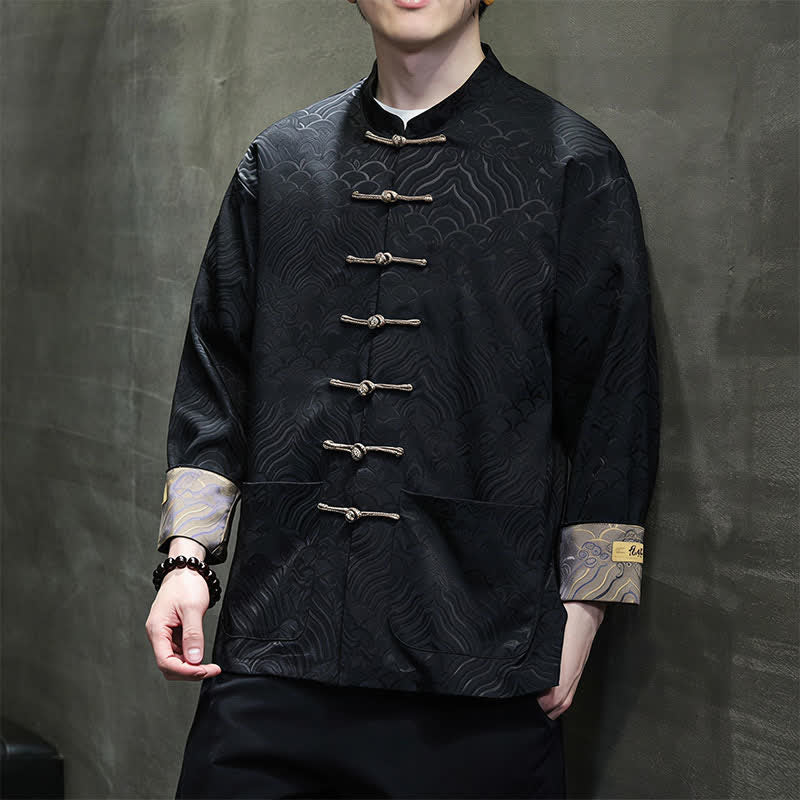 Nimara Ritual Fall Winter Tang Style Elegant Mandarin Collar Abstract Wave Pattern Frog Button Men's Jacket With Pockets