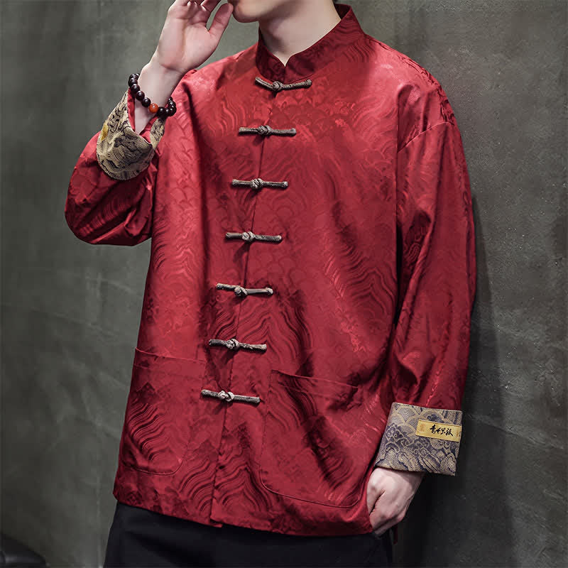 Nimara Ritual Fall Winter Tang Style Elegant Mandarin Collar Abstract Wave Pattern Frog Button Men's Jacket With Pockets