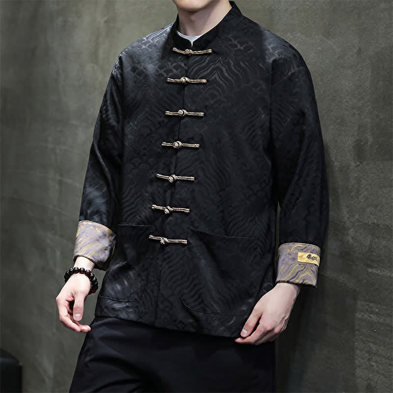 Nimara Ritual Fall Winter Tang Style Elegant Mandarin Collar Abstract Wave Pattern Frog Button Men's Jacket With Pockets