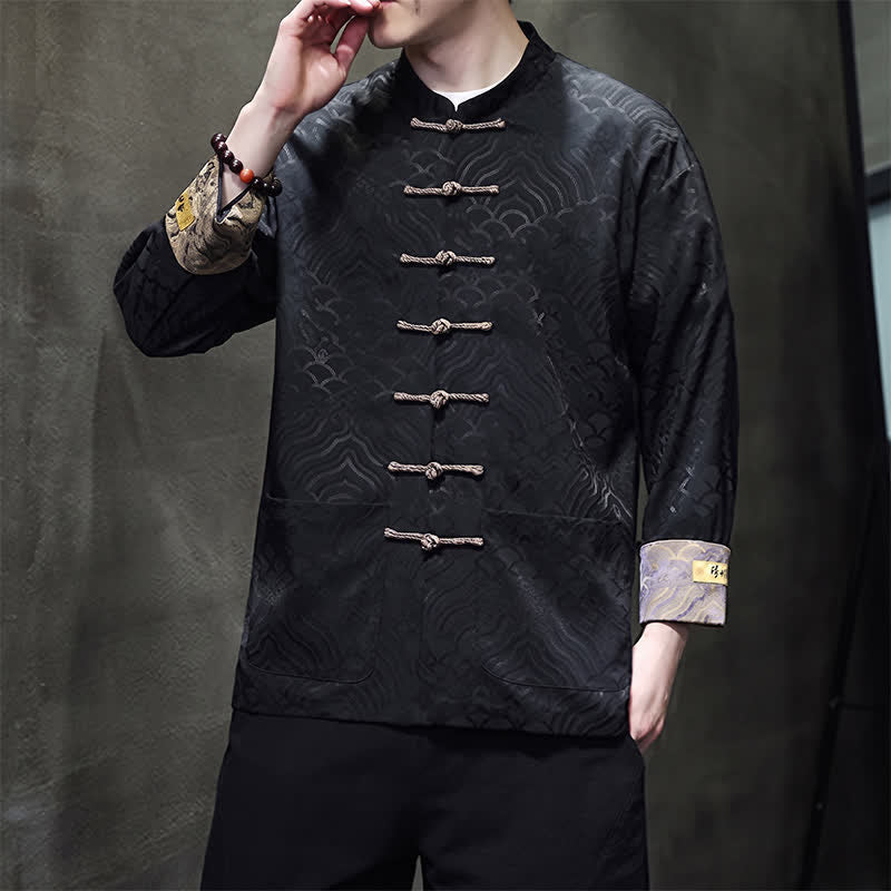 Nimara Ritual Fall Winter Tang Style Elegant Mandarin Collar Abstract Wave Pattern Frog Button Men's Jacket With Pockets