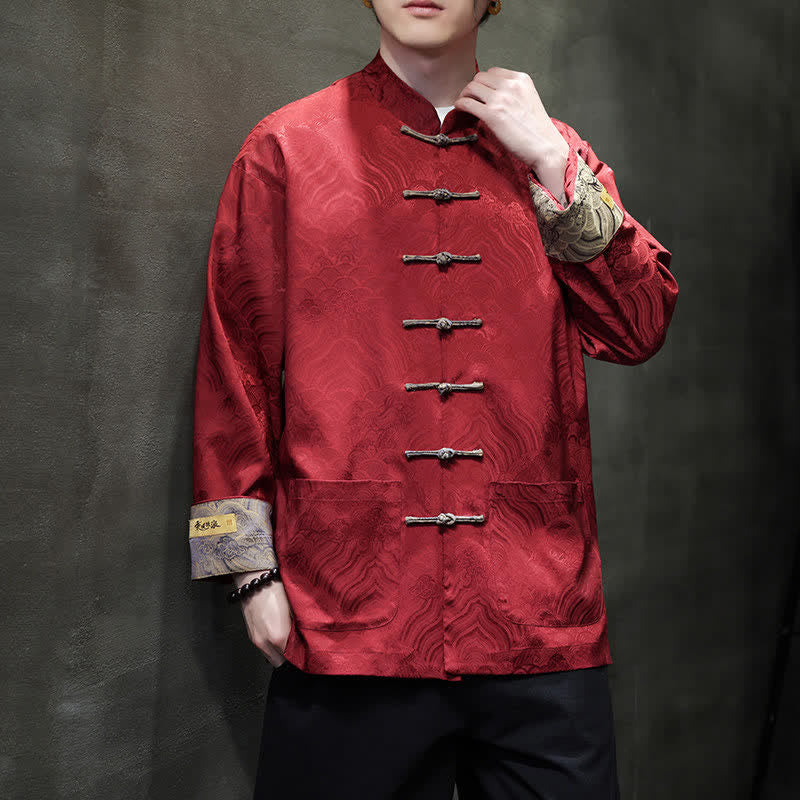 Nimara Ritual Fall Winter Tang Style Elegant Mandarin Collar Abstract Wave Pattern Frog Button Men's Jacket With Pockets