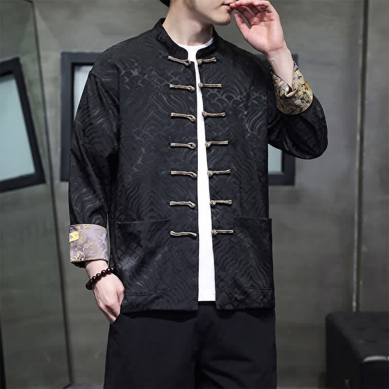 Nimara Ritual Fall Winter Tang Style Elegant Mandarin Collar Abstract Wave Pattern Frog Button Men's Jacket With Pockets