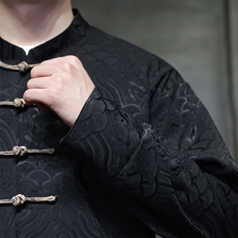 Nimara Ritual Fall Winter Tang Style Elegant Mandarin Collar Abstract Wave Pattern Frog Button Men's Jacket With Pockets