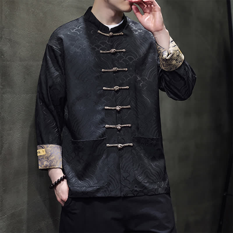 Nimara Ritual Fall Winter Tang Style Elegant Mandarin Collar Abstract Wave Pattern Frog Button Men's Jacket With Pockets