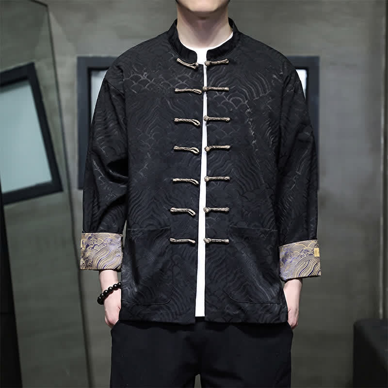 Nimara Ritual Fall Winter Tang Style Elegant Mandarin Collar Abstract Wave Pattern Frog Button Men's Jacket With Pockets