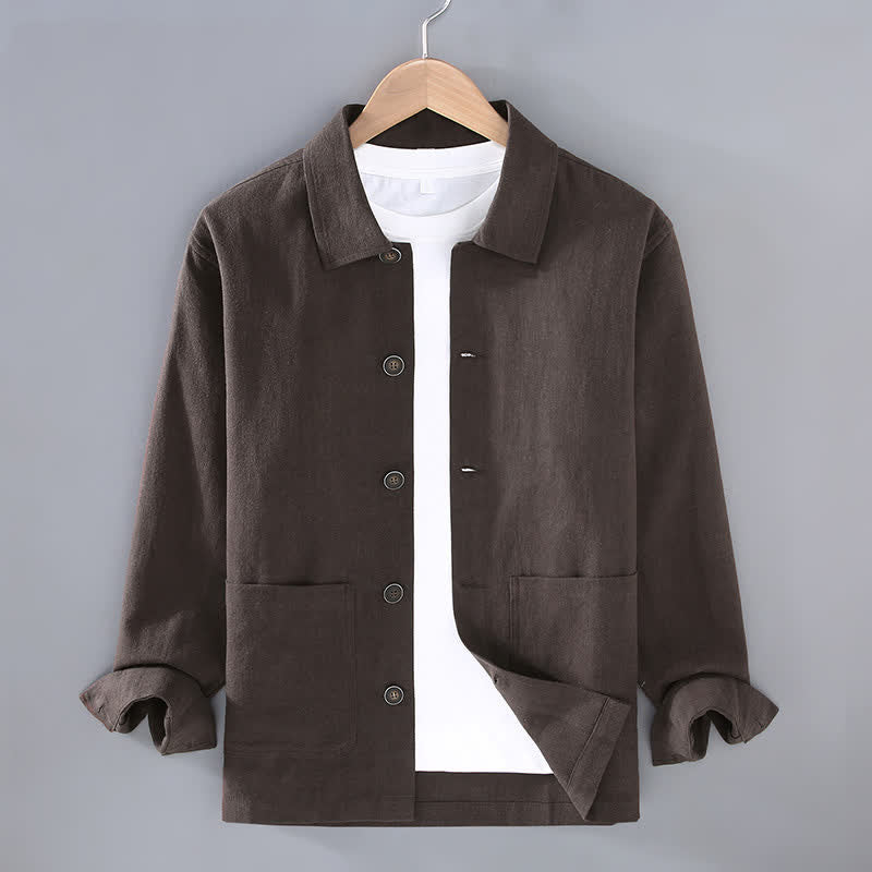 Nimara Ritual Fall Casual Minimalist Solid Buttons Ramie Men's Jacket With Pockets