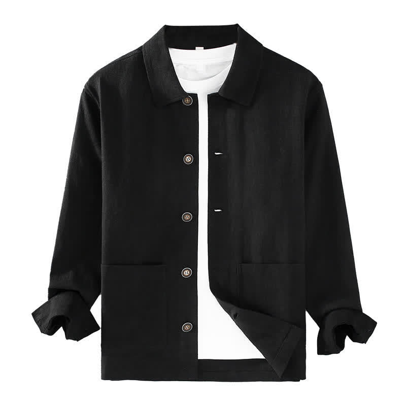 Nimara Ritual Fall Casual Minimalist Solid Buttons Ramie Men's Jacket With Pockets