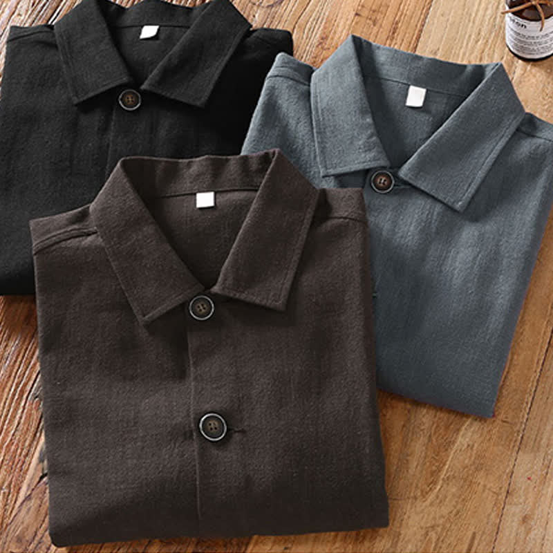 Nimara Ritual Fall Casual Minimalist Solid Buttons Ramie Men's Jacket With Pockets