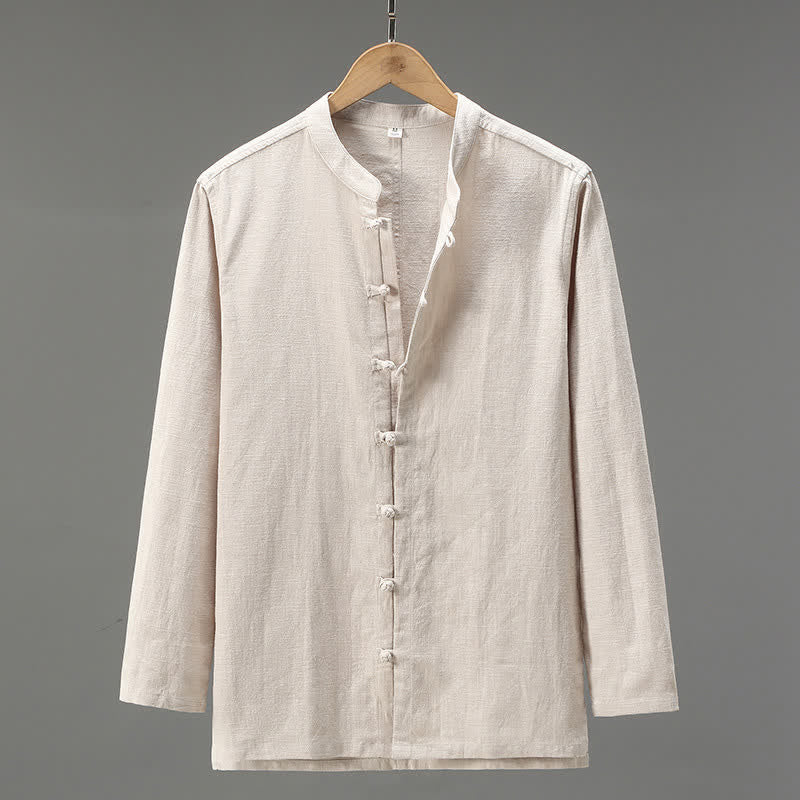Nimara Ritual Spring Casual Tang Style Frog Button Solid Men's Long Sleeve Shirts