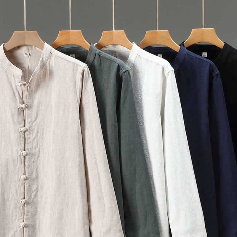 Nimara Ritual Spring Casual Tang Style Frog Button Solid Men's Long Sleeve Shirts
