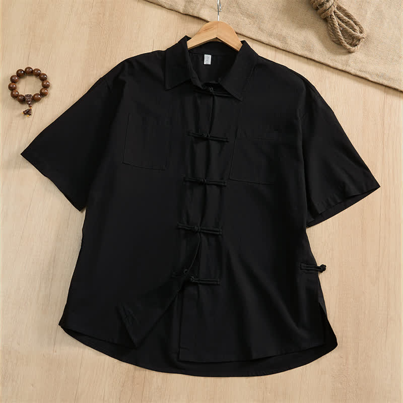 Nimara Ritual Summer Casual Tang Style Frog Button Solid Men's Short Sleeve Shirts With Patch Pockets
