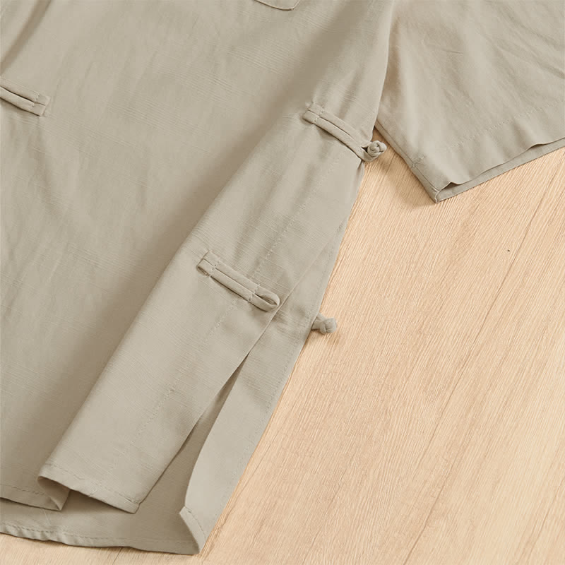 Nimara Ritual Summer Casual Tang Style Frog Button Solid Men's Short Sleeve Shirts With Patch Pockets