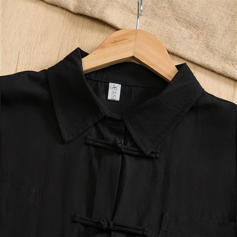 Nimara Ritual Summer Casual Tang Style Frog Button Solid Men's Short Sleeve Shirts With Patch Pockets