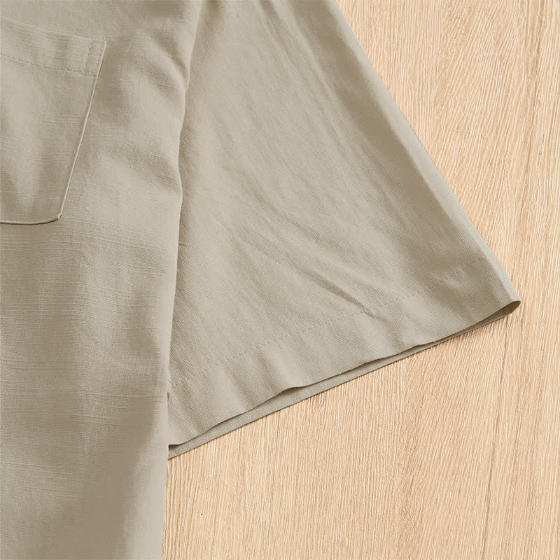 Nimara Ritual Summer Casual Tang Style Frog Button Solid Men's Short Sleeve Shirts With Patch Pockets