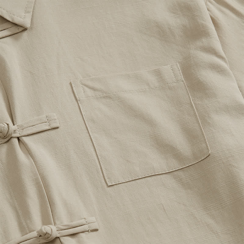 Nimara Ritual Summer Casual Tang Style Frog Button Solid Men's Short Sleeve Shirts With Patch Pockets