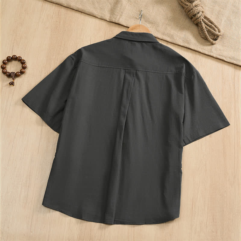 Nimara Ritual Summer Casual Tang Style Frog Button Solid Men's Short Sleeve Shirts With Patch Pockets