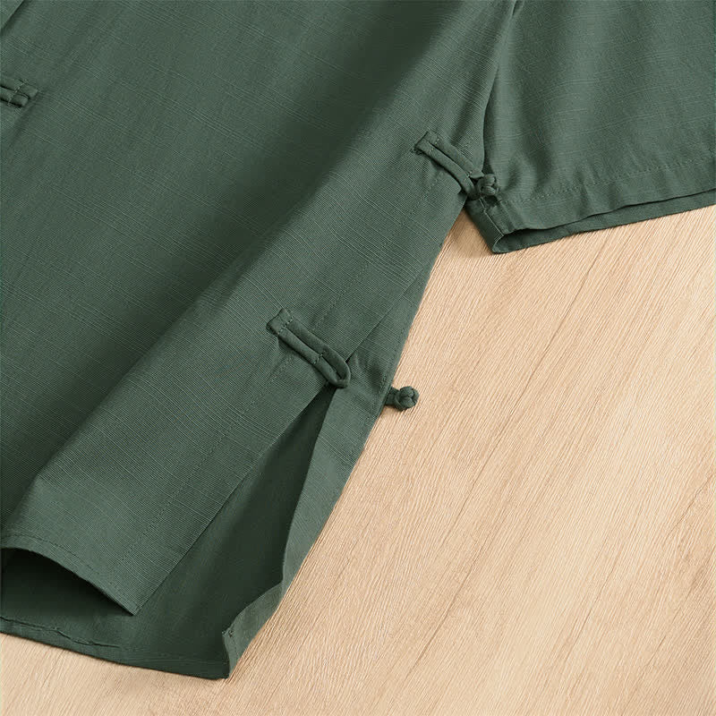 Nimara Ritual Summer Casual Tang Style Frog Button Solid Men's Short Sleeve Shirts With Patch Pockets