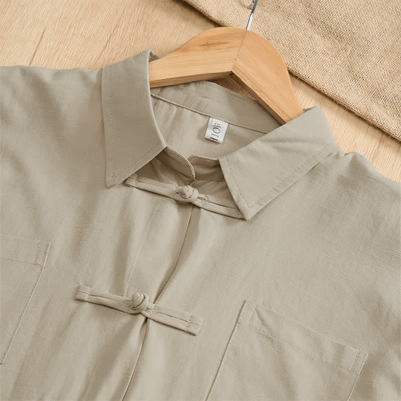 Nimara Ritual Summer Casual Tang Style Frog Button Solid Men's Short Sleeve Shirts With Patch Pockets