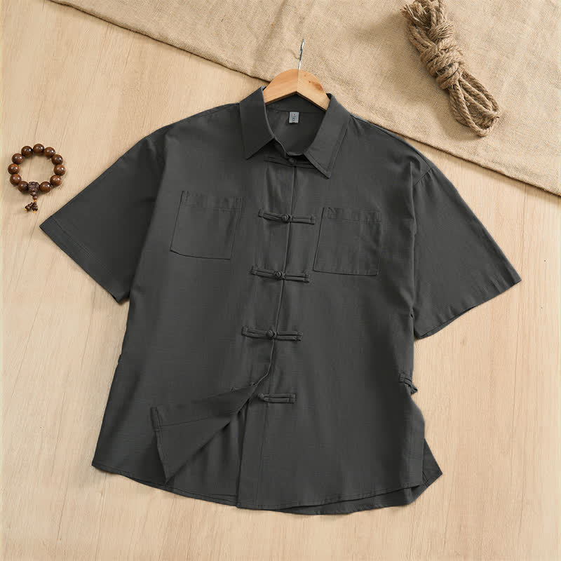 Nimara Ritual Summer Casual Tang Style Frog Button Solid Men's Short Sleeve Shirts With Patch Pockets