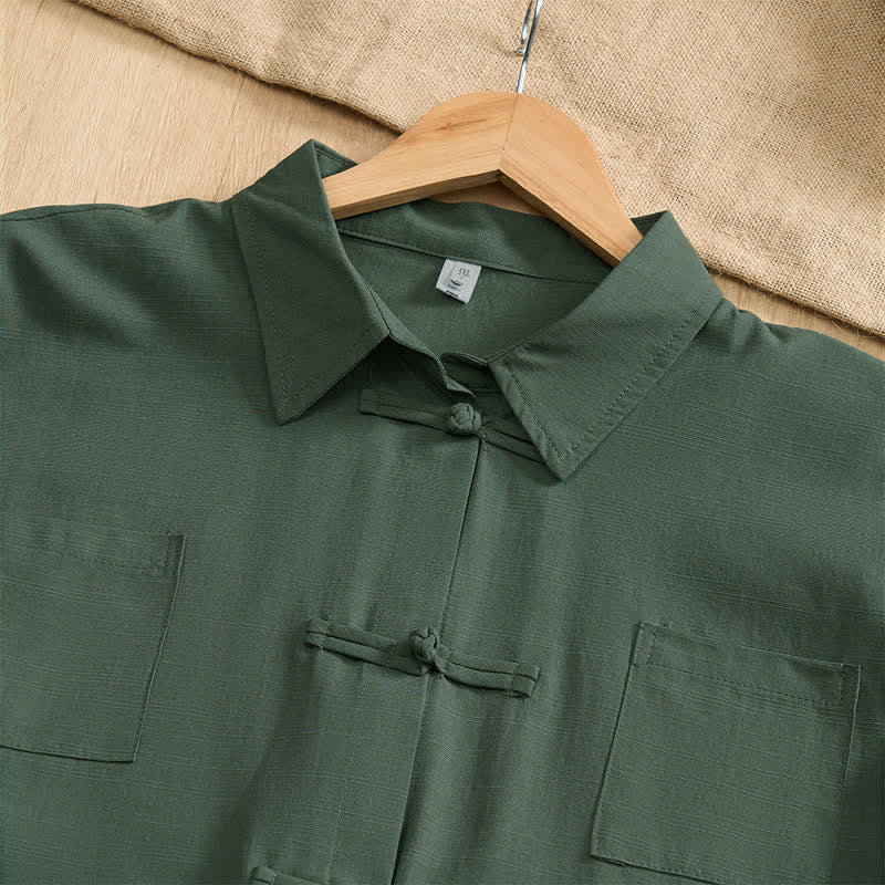 Nimara Ritual Summer Casual Tang Style Frog Button Solid Men's Short Sleeve Shirts With Patch Pockets