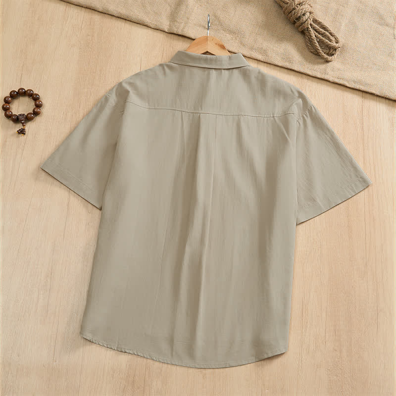 Nimara Ritual Summer Casual Tang Style Frog Button Solid Men's Short Sleeve Shirts With Patch Pockets