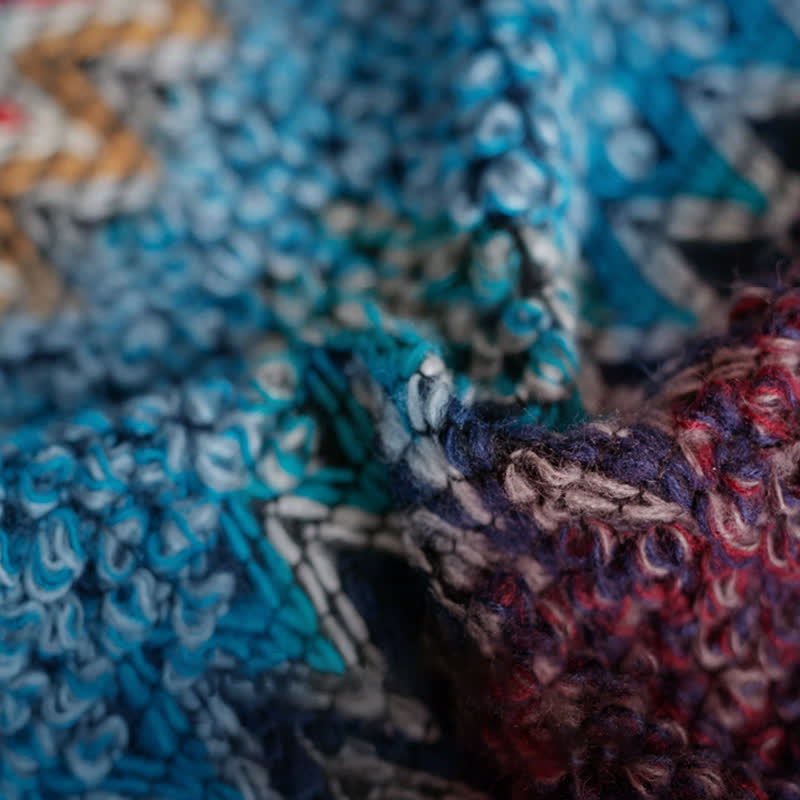 Nimara Ritual Tibetan Shawl Blue Beige Red Wavy Pattern Winter Warm Tassel Scarf