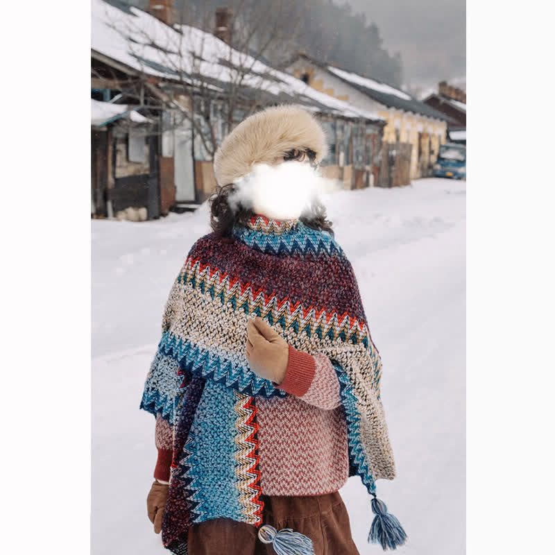 Nimara Ritual Tibetan Shawl Blue Beige Red Wavy Pattern Winter Warm Tassel Scarf
