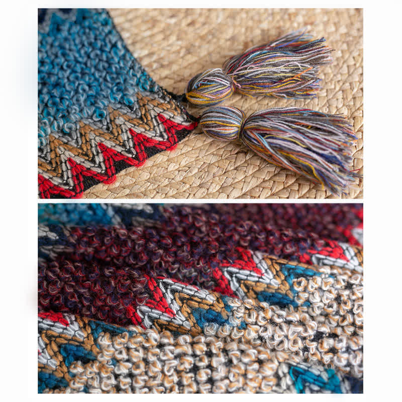 Nimara Ritual Tibetan Shawl Blue Beige Red Wavy Pattern Winter Warm Tassel Scarf
