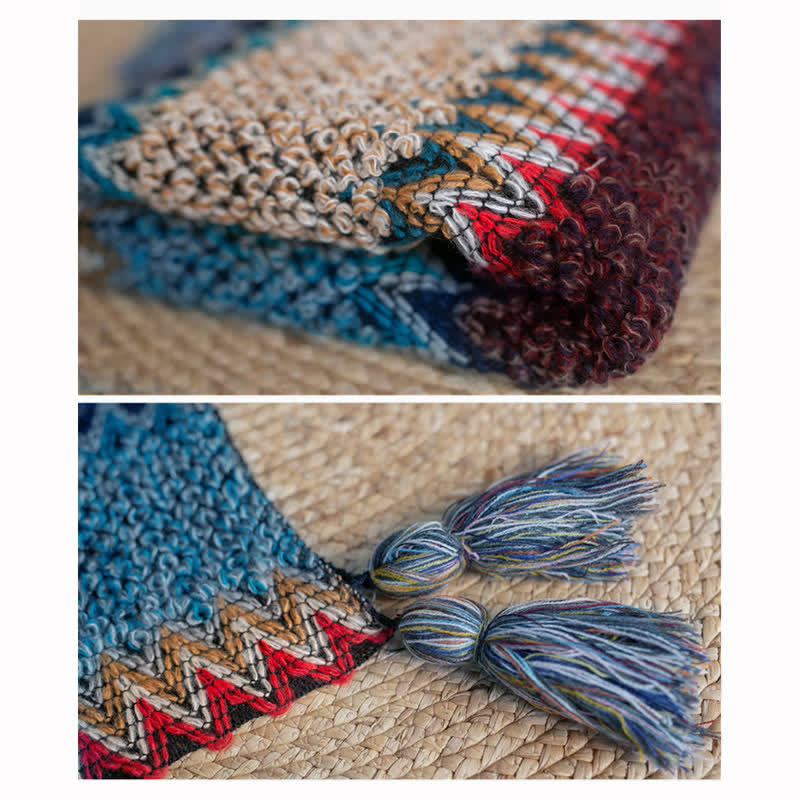 Nimara Ritual Tibetan Shawl Blue Beige Red Wavy Pattern Winter Warm Tassel Scarf