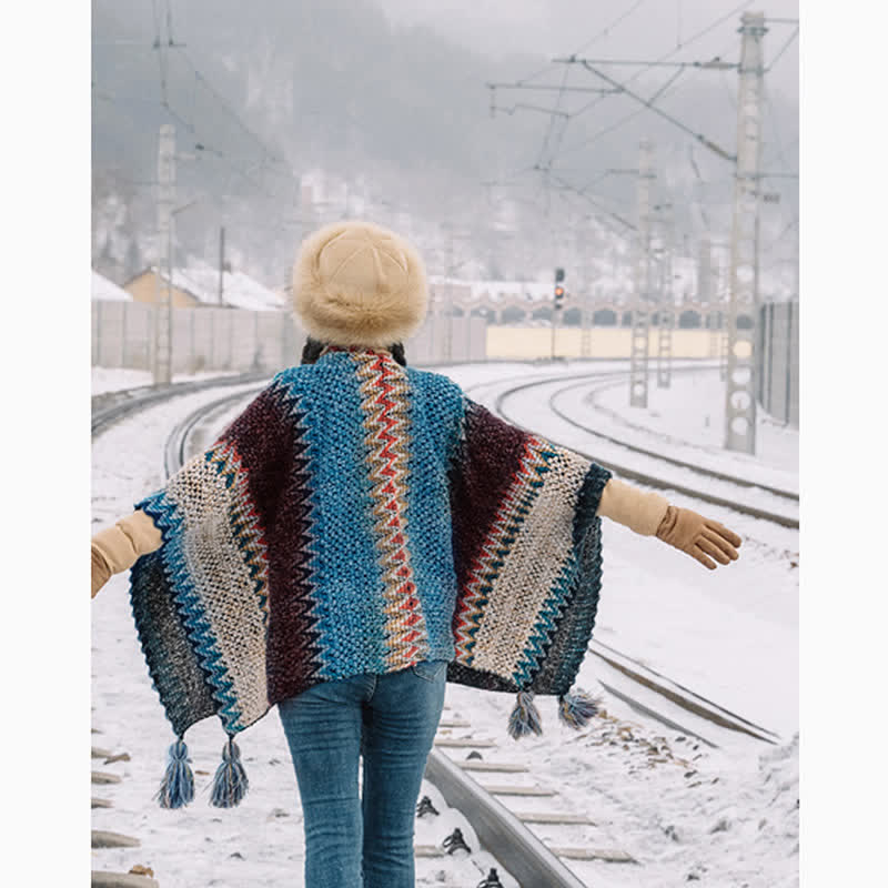 Nimara Ritual Tibetan Shawl Blue Beige Red Wavy Pattern Winter Warm Tassel Scarf
