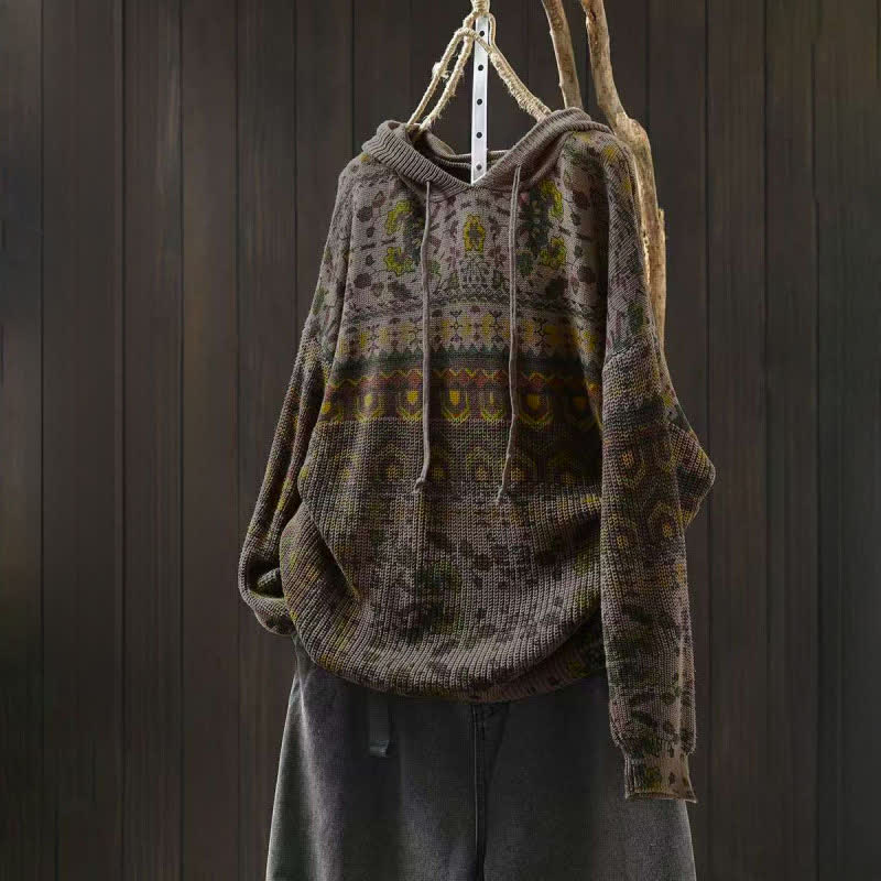 Nimara Ritual Fall Striped Geometric Flowers Cotton Women's Long Sleeve Pullover Knitted Hoodie