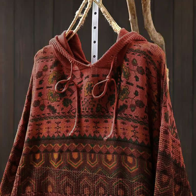 Nimara Ritual Fall Striped Geometric Flowers Cotton Women's Long Sleeve Pullover Knitted Hoodie